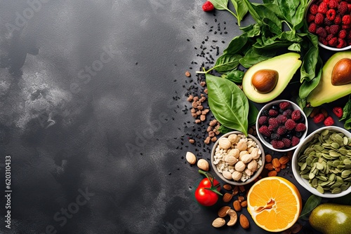 Healthy food clean eating selection:fruit, vegetable, seeds, superfood, cereals on gray concrete background copy space © PapatoniC