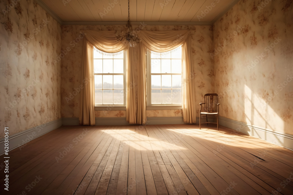 empty room with windows and wood floor chair and chandelier empty room with windows and wood floor chair and chandelier