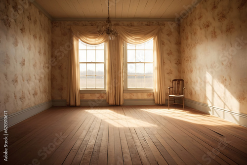 empty room with windows and wood floor chair and chandelier 