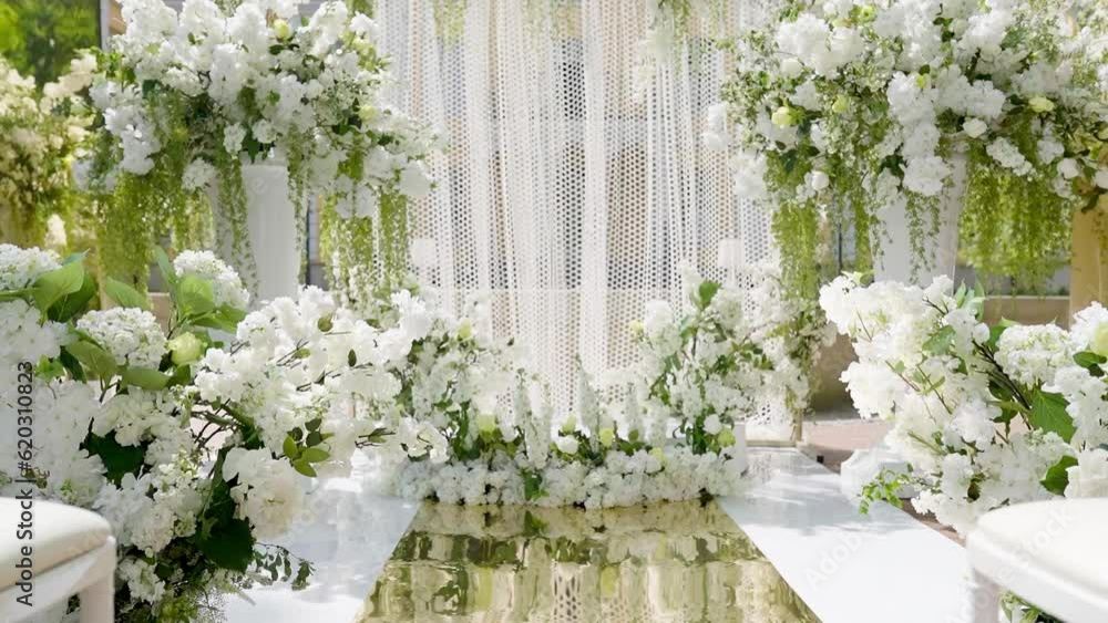 Wedding white flower decorations. preparations. Expensive decorations for ceremony Wedding white flower decorations. preparations. Expensive decorations for ceremony