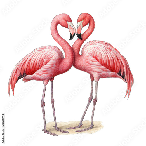 two vibrant pink flamingos standing gracefully side by side © LUPACO PNG