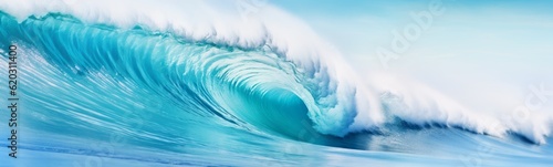Big breaking blue ocean wave. Surfing summer wave banner - Generative AI