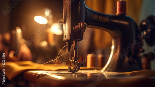 A sewing machine sewing a clothes