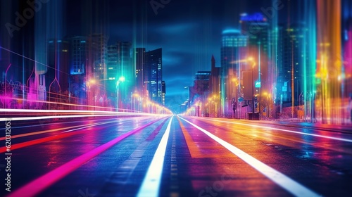 Road with light trails of passing vehicles. Motion speed light in city. Dynamic background. Town at night with speed traffic. Generative AI. Illustration for banner, poster, cover or presentation. © Login
