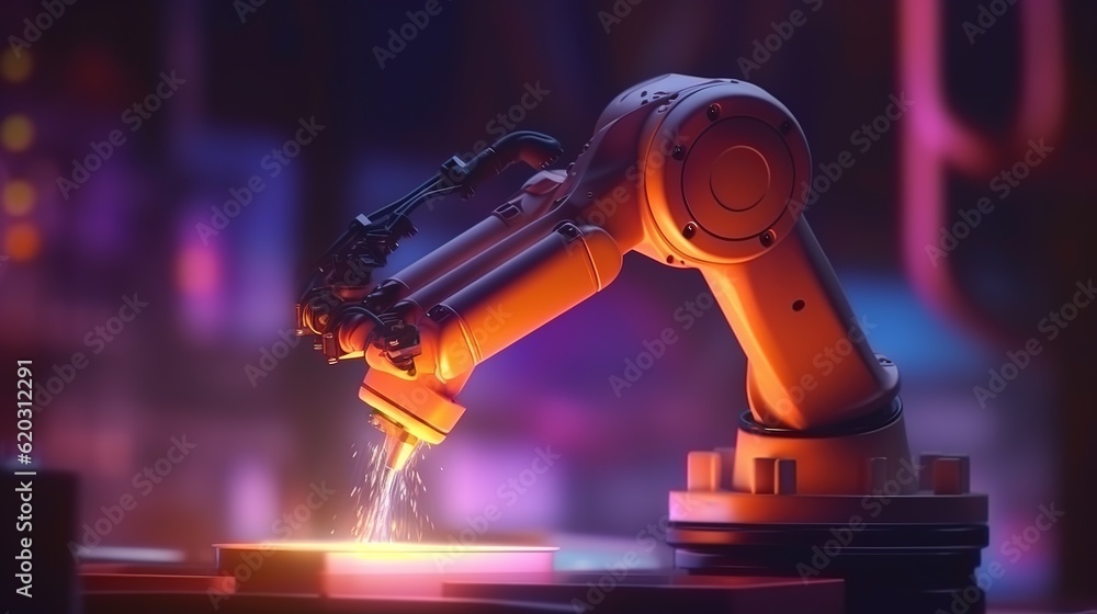 Robotic arm. Mechanical hand. Industrial robot manipulator. Modern industrial technology. Welding robotics and digital manufacturing operation. Generative AI. Illustration for cover or presentation.