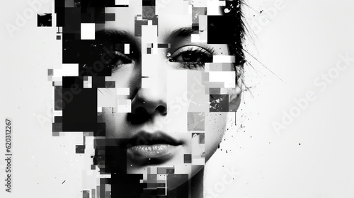 Pixelated image of a young woman's face. Face defragmented. Psychology and identity concept. Generative AI. Illustration for cover, card, postcard, interior design, decor or print.
