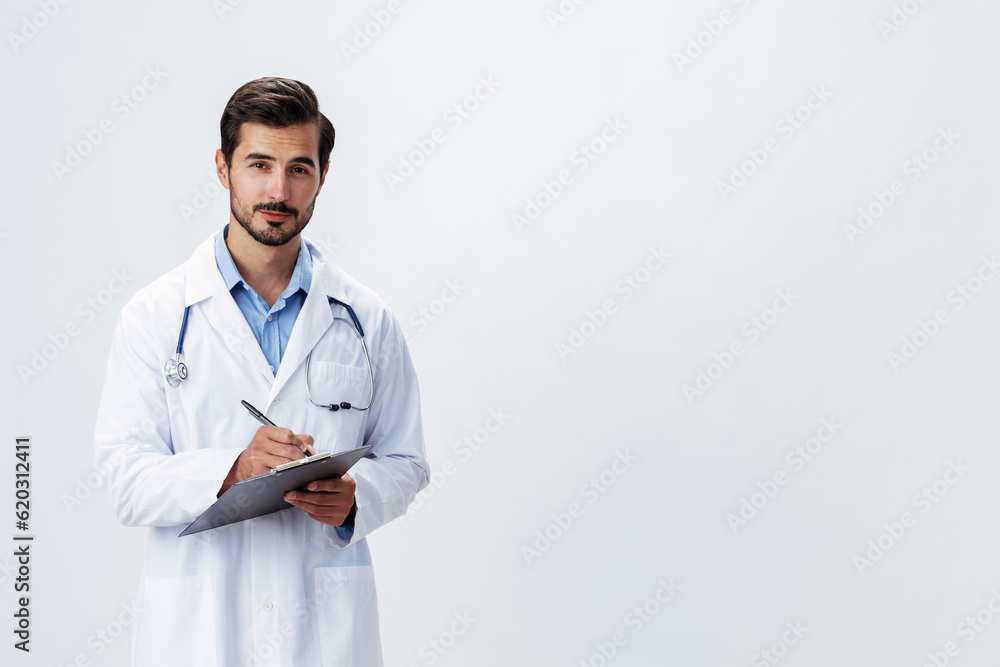 Man doctor in white coat with stethoscope and folder for notes and patient records smile and good test results on white isolated background, copy space, space for text, health Man doctor in white coat with stethoscope and folder for notes and patient records smile and good test results on white isolated background, copy space, space for text, health