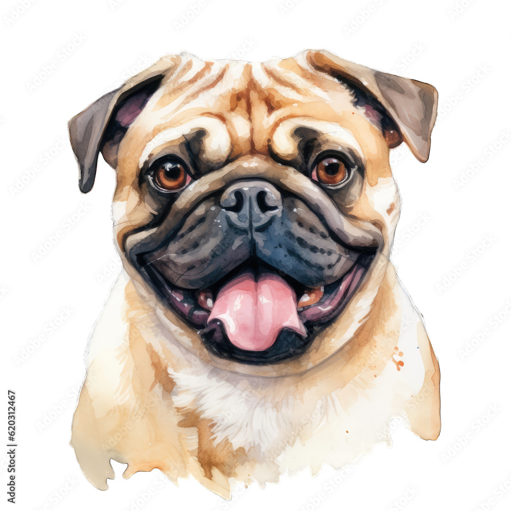 a watercolor painting of a pug dog