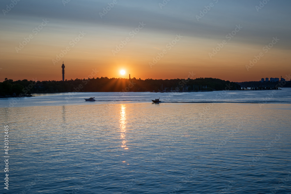 Scenic view of lake against sky at sunset, Nacka, Stockholm,Sweden