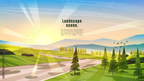 Vector illustrations. Peaceful landscape. Minimalist style. Colorful wallpaper in the natural concept. Silhouettes of the mountains by forest trees. Slopes, relief. Path by woodland. Web banner design