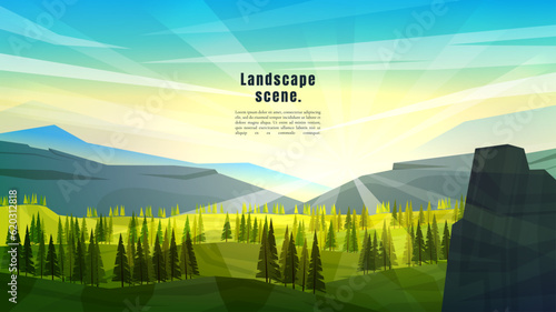 Vector illustration. Meadow polygonal landscape. Clear sky background. Lake by forest. Graphic modern ecology wallpaper. Abstract art. Minimalist style. Design element for web banner, website template