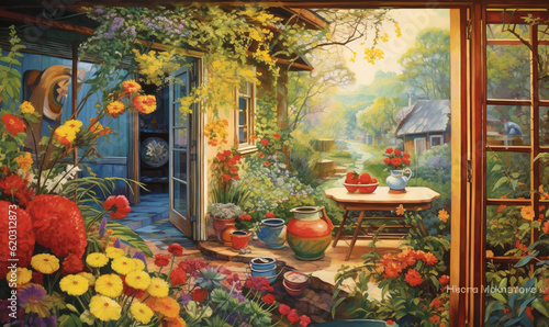  a painting of a garden scene with flowers and a table. generative ai