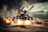 WAR SERIES, Combat Attack Helicopter Firing from Close to Ground, created with Generative AI technology