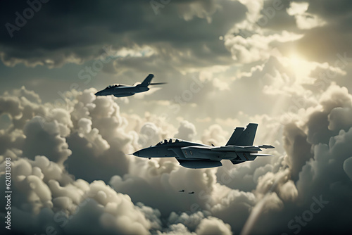 Canvas Print WAR SERIES, Attacking or Patrolling Fighter Jets Flying in Formation Over White