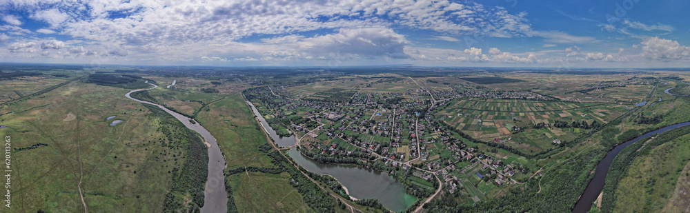 Aerial drone view panorama Sluch river in Rivne region, Ukraine.