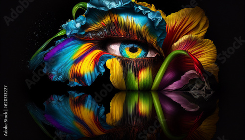 Hornhaut und Iris in bunten Farben mit neon Blüte Mutation Verbindung 4k digital Generative AI 