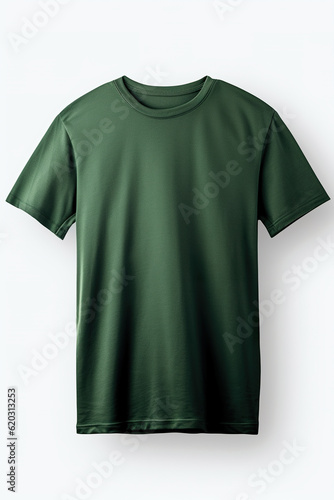 Plain forest green color mockup on neutral background. Crowneck tshirt for your design, front view. Generative AI.