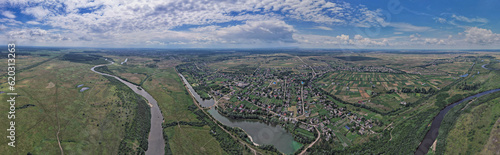 Aerial drone view panorama Sluch river in Rivne region, Ukraine.