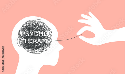 Abstract metaphor of psychotherapy. Head silhouette with mental disorder. Tangled thoughts, chaos and stress. Concept of solving difficult situation.