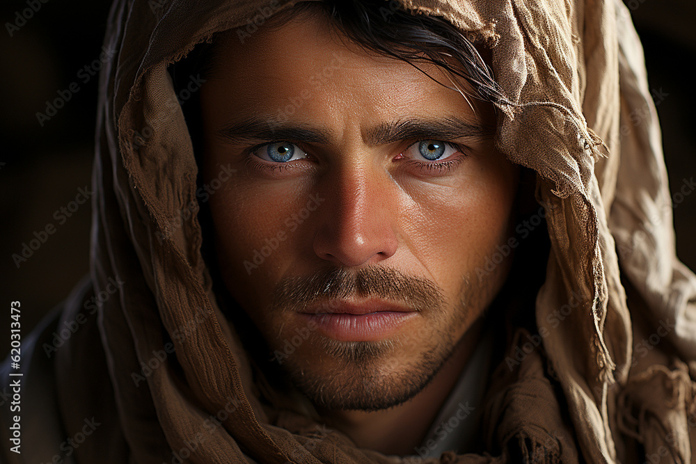 Portrait of a sad Bedouin nomad. Portrait of a young Bedouin nomad in a national headdress against a dark background. Portrait of a Tuareg in traditional dress. The young man looks directly into the Portrait of a sad Bedouin nomad. Portrait of a young Bedouin nomad in a national headdress against a dark background. Portrait of a Tuareg in traditional dress. The young man looks directly into the