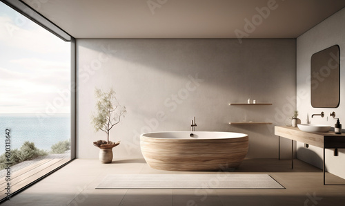  a bathroom with a large bathtub and a large window.  generative ai