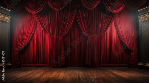 Dark theater stage with red curtains and spotlight AI, Generative AI, Gene