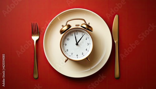 Time to eat. Alarm clock on a plate. 