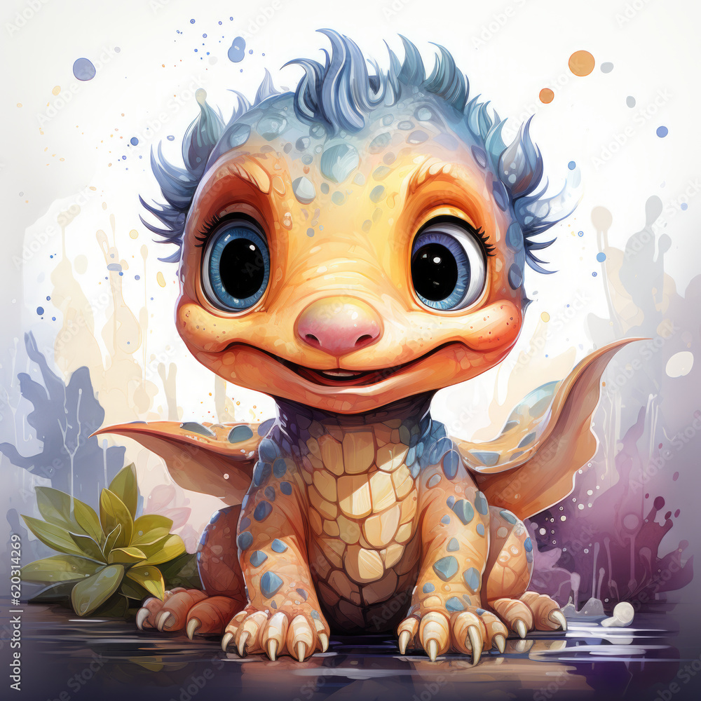 Obraz premium A very cute little dragon with big eyes. Generative AI.