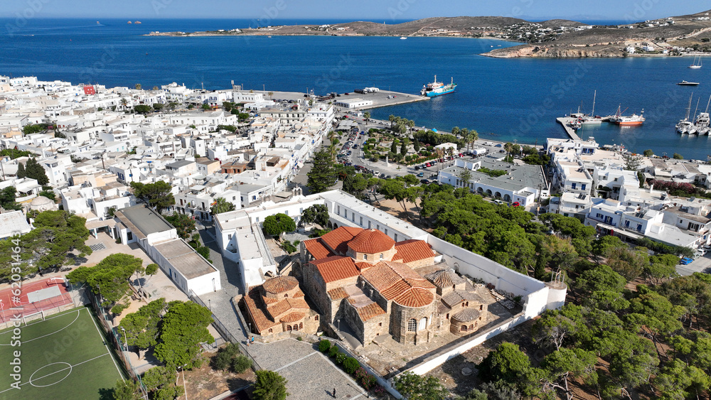 Obraz premium Aerial drone photo of famous Byzantine monastery of Ekatontapyliani in main village of Paros island, Parikia, Cyclades, Greece
