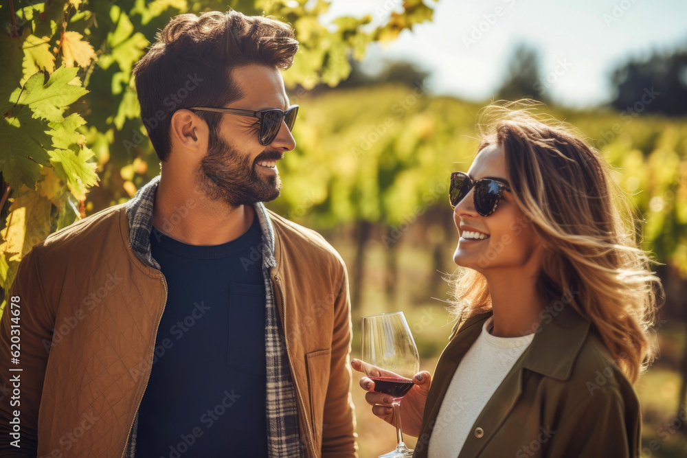 Sympatisches Paar mit Sonnenbrillen und einem Glas Wein in der Hand stehen zwischen Weinstöcken im Herbst bei Sonnenschein. 