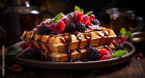 Waffles with toppings and syrup