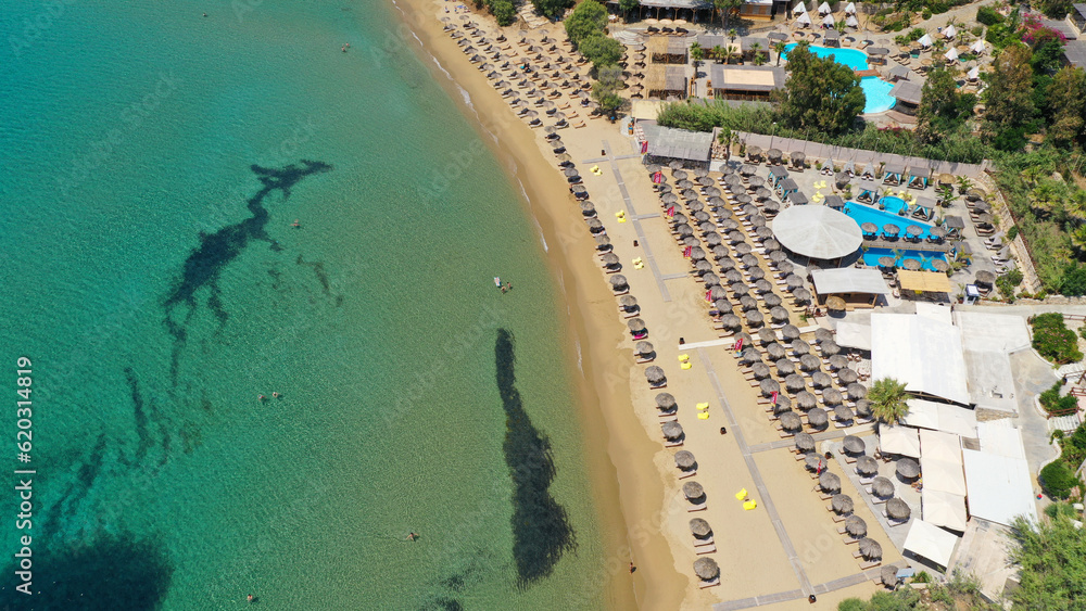 Aerial drone photo of famous organised beach of Punda with crystal clear turquoise sea, Paros island, Cyclades, Greece