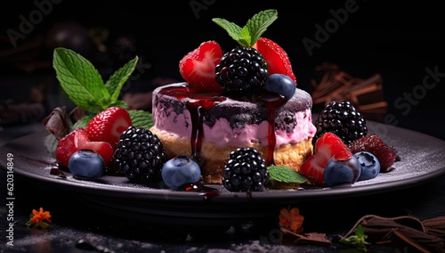 Set of desserts with fresh fruit on a black flat plate