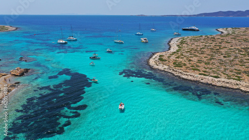 Obraz na płótnie Aerial drone photo of azure paradise blue lagoon of Panteronisi a small islet complex between Paros and Antiparos islands, Cyclades, Greece w salonie