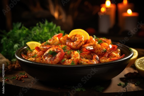 Set of fried shrimps with lemon and herbs