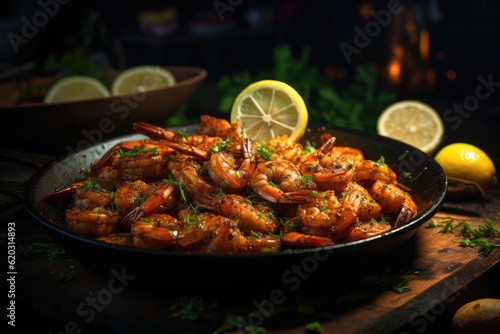 Set of fried shrimps with lemon and herbs