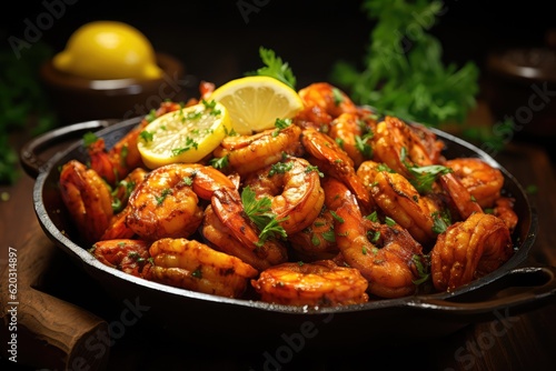 Set of fried shrimps with lemon and herbs