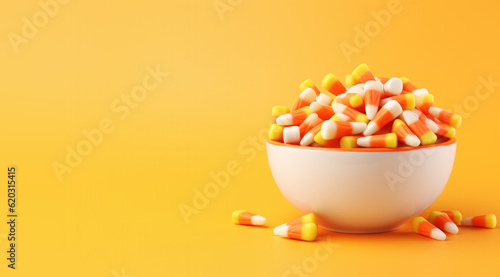Bowl of Candy Corn on an Orange Background with Space for Copy