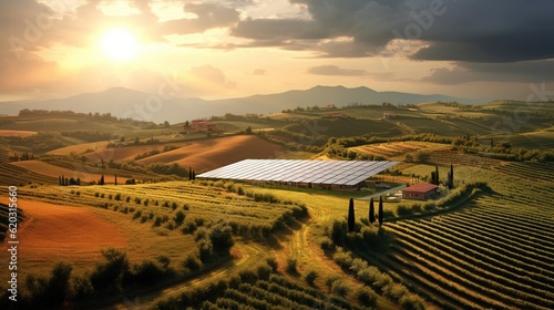 Photovoltaic Farm at Sunset: Engineer's Golden Hour, Solar photovoltaic panels for producing clean electric energy. Concept of renewable electricity with zero emission