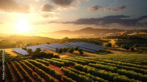 Photovoltaic Farm at Sunset: Engineer's Golden Hour, Solar photovoltaic panels for producing clean electric energy. Concept of renewable electricity with zero emission