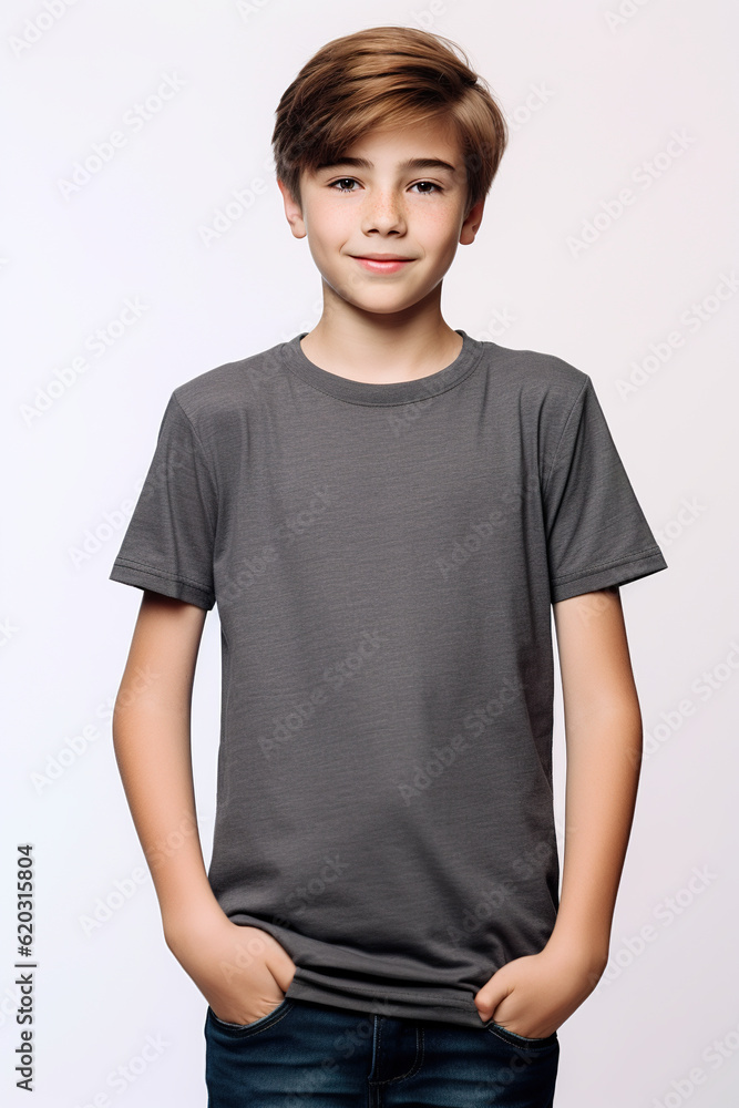 Charcoal grey t-shirt mockup for teens and young adults. AI generative model wearing blank tshirt with space for your design, lettering or logo. Charcoal grey t-shirt mockup for teens and young adults. AI generative model wearing blank tshirt with space for your design, lettering or logo.