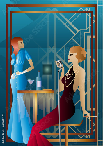 night club with a singer on stage, people drink alcohol. Vector illustration of a live concert in a cafe or restaurant with a singer on stage and alcohol