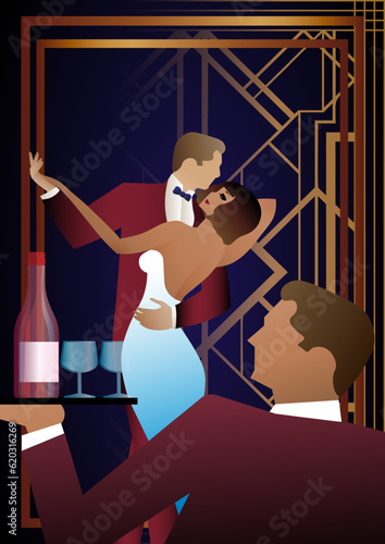 nightclub with people dancing and drinking alcohol. Vector illustration of a dance floor in a cafe or restaurant with dancers on stage and alcohol