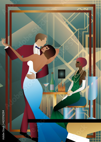 nightclub with people dancing and drinking alcohol. Vector illustration of a dance floor in a cafe or restaurant with dancers on stage and alcohol