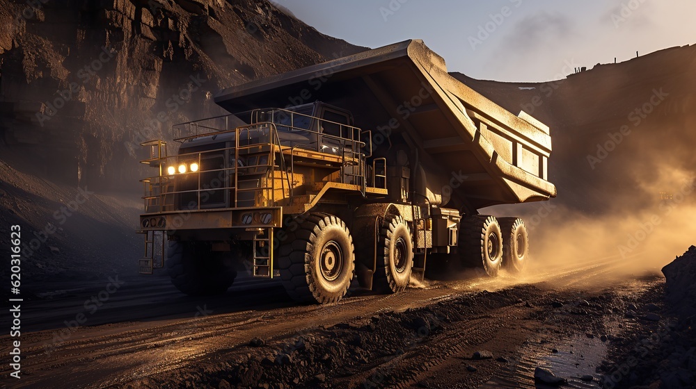 A vast open-pit coal mine, massive mining trucks and excavators in action, capturing the scale and magnitude of AI, Generative AI, Generative