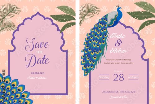 Indian Wedding Invitation and Save the date templates set. Exotic wedding theme with palms and peacock 