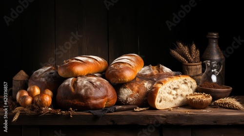 Various baked breads on wooden bench on dark background