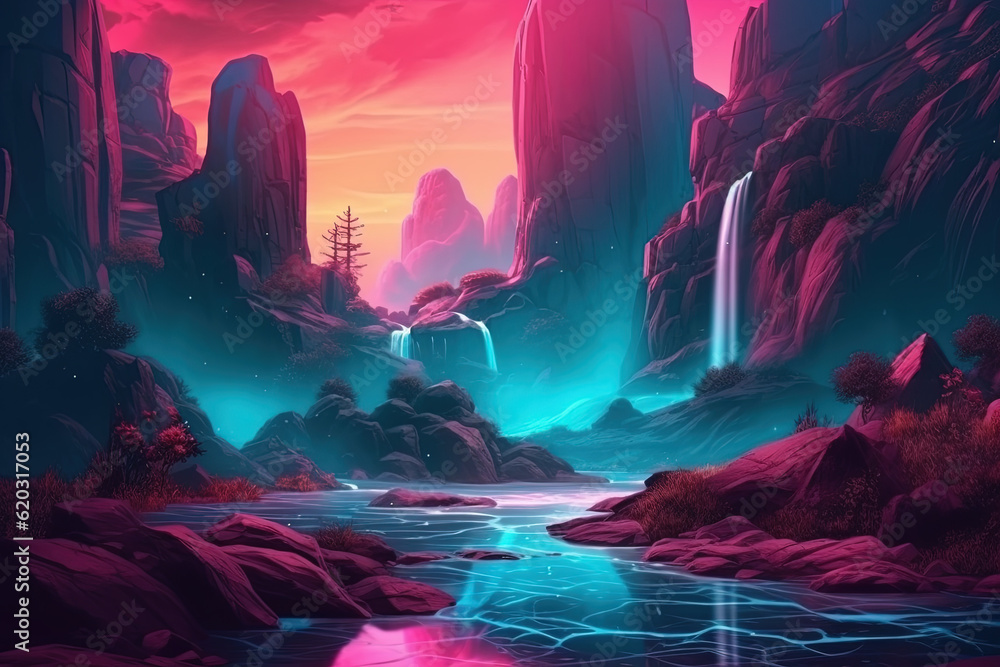 Cascade of Colors: Vibrant Waterfall Illustration Cascade of Colors: Vibrant Waterfall Illustration
