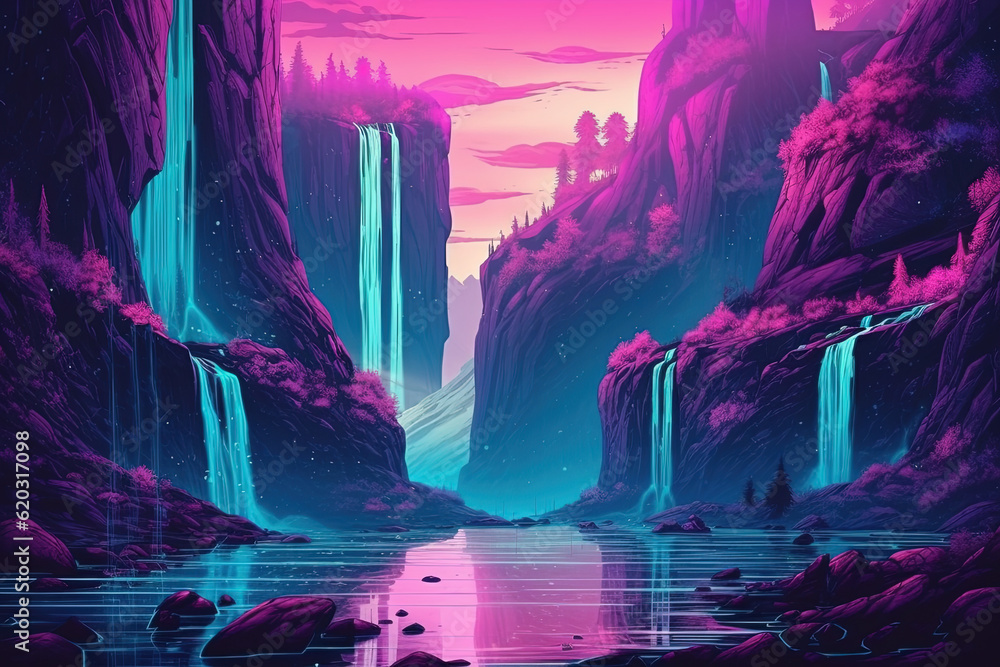 Cascade of Colors: Vibrant Waterfall Illustration