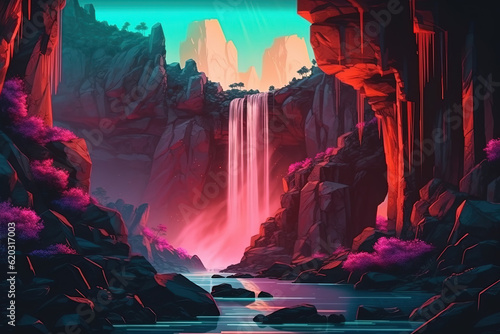 Cascade of Colors: Vibrant Waterfall Illustration © Wendelin